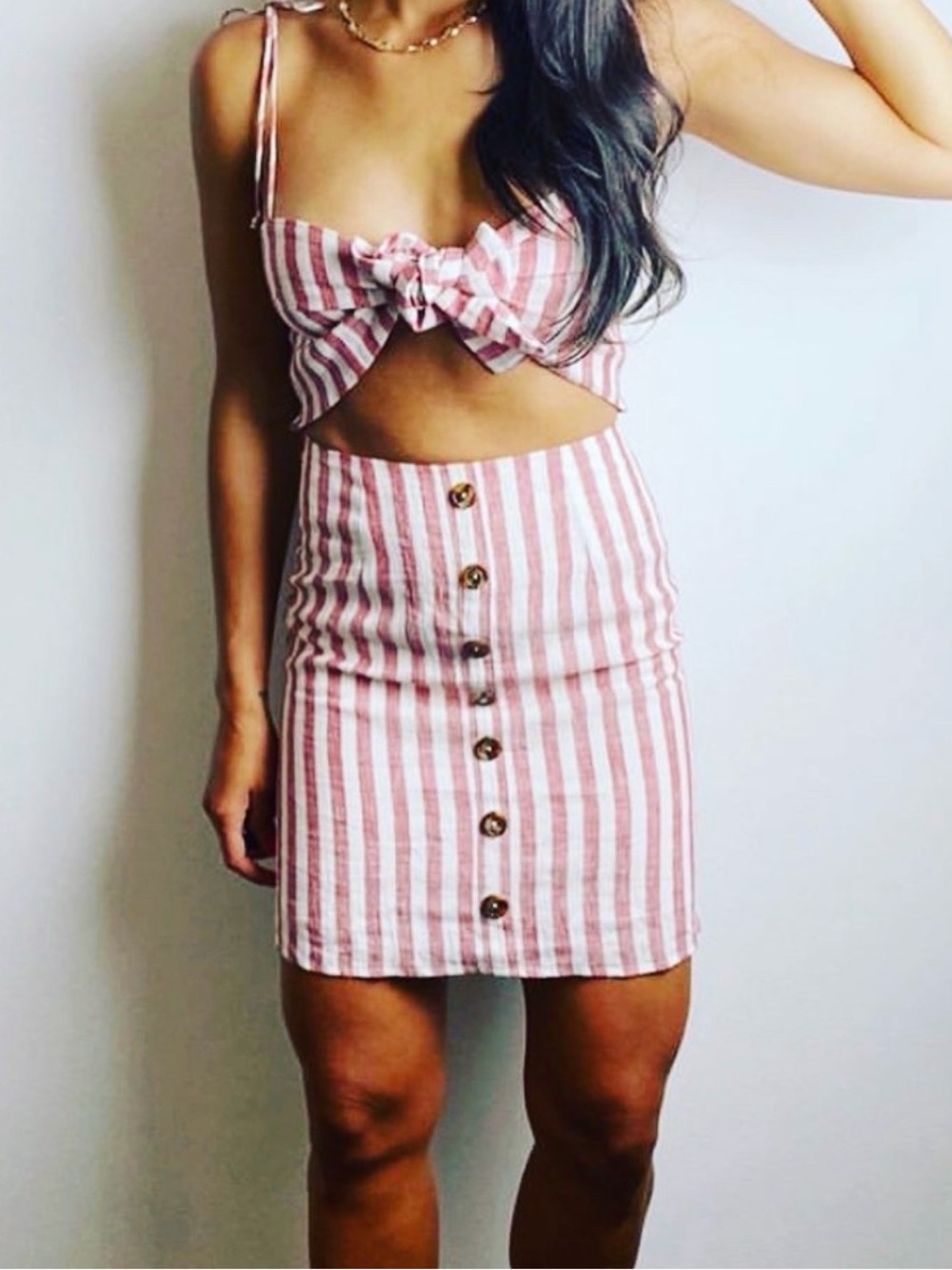 Olivaceous Pink and White Striped Button-Front Mini Dress